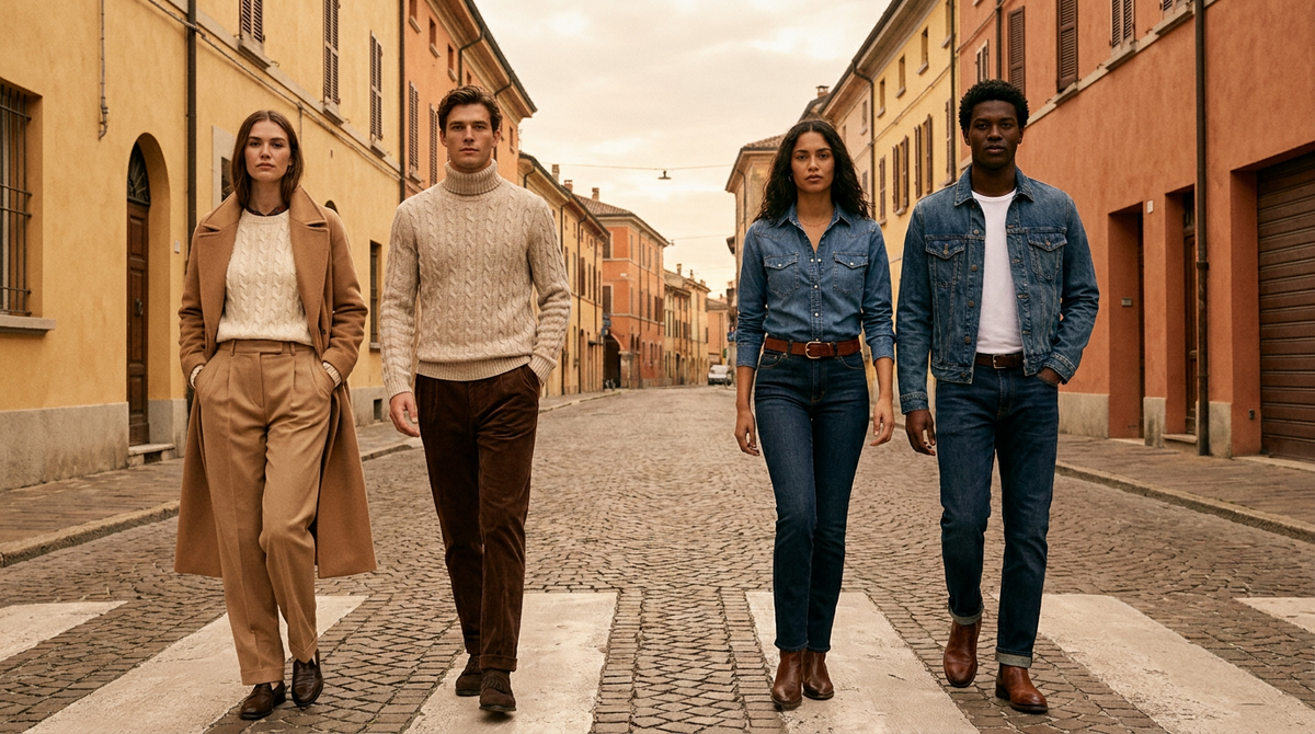 Four models on an Italian street, two in prep tailoring and two in western denim. Generated image.