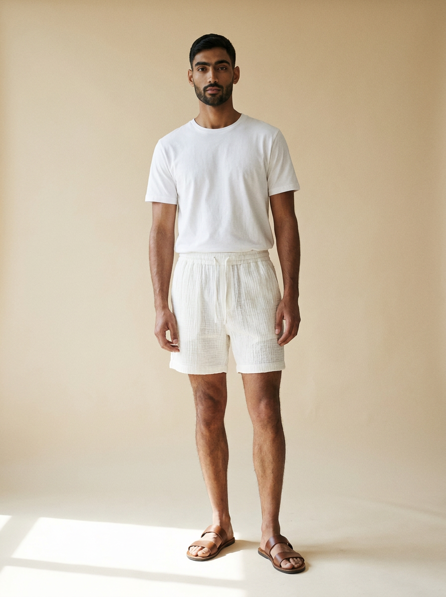 Model wearing The Textured Short. Generated image; the manufacturer's own photograph of this garment appears below.