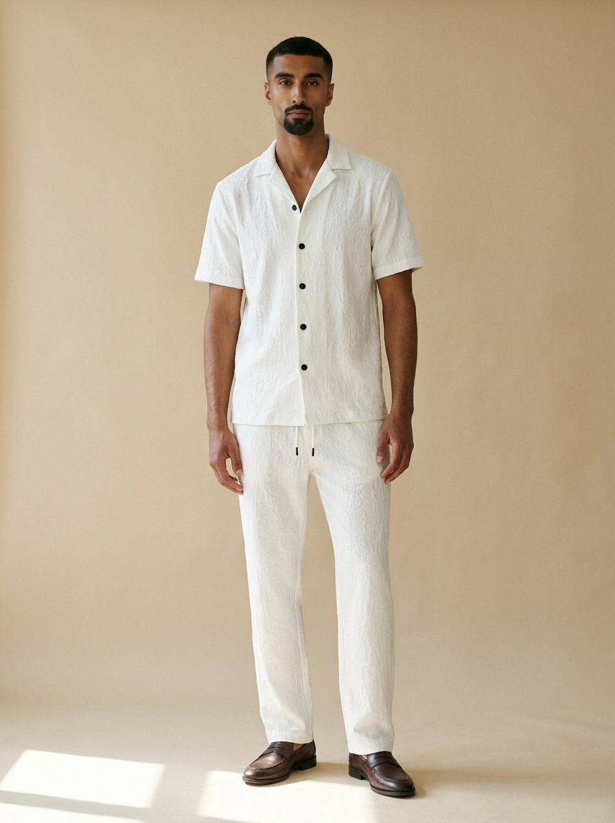 Model wearing The Textured Shirt Set. Generated image; the manufacturer's own photograph of this garment appears below.
