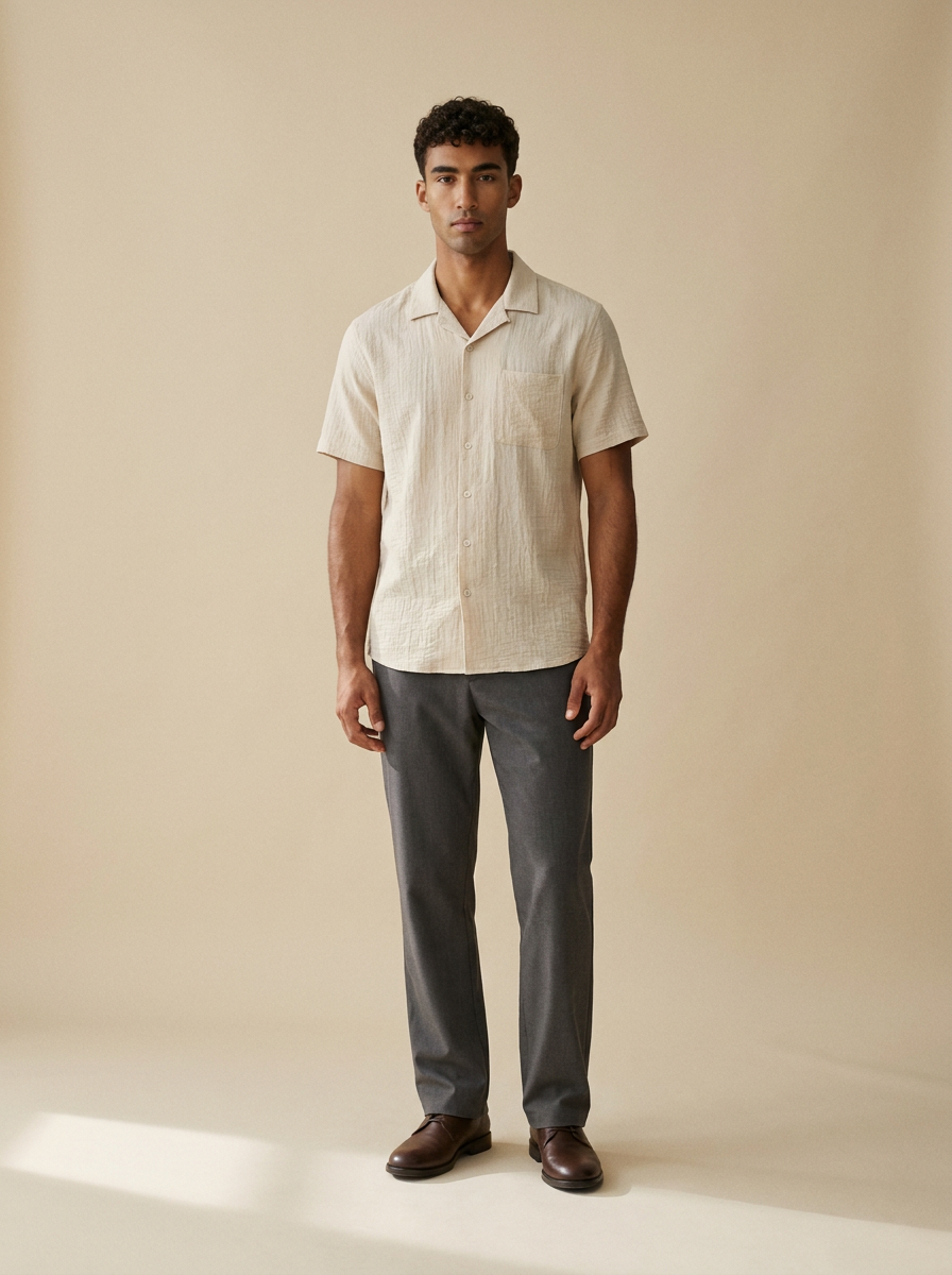 Model wearing The Textured Camp Shirt. Generated image; the manufacturer's own photograph of this garment appears below.