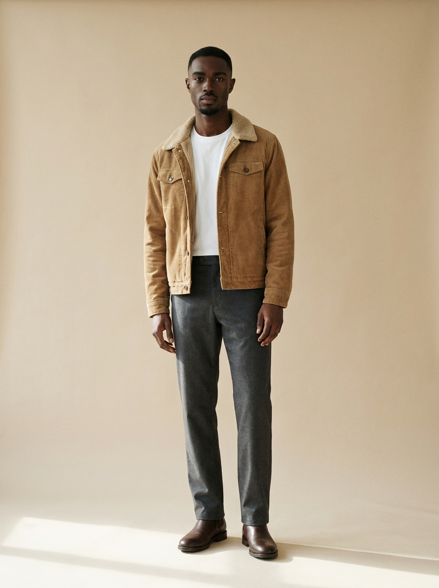 Model wearing The Sherpa Corduroy Jacket. Generated image; the manufacturer's own photograph of this garment appears below.