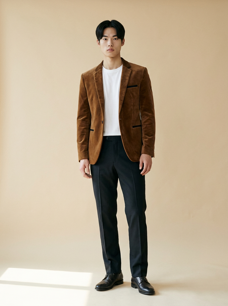 Model wearing The Velvet Blazer. Generated image; the manufacturer's own photograph of this garment appears below.