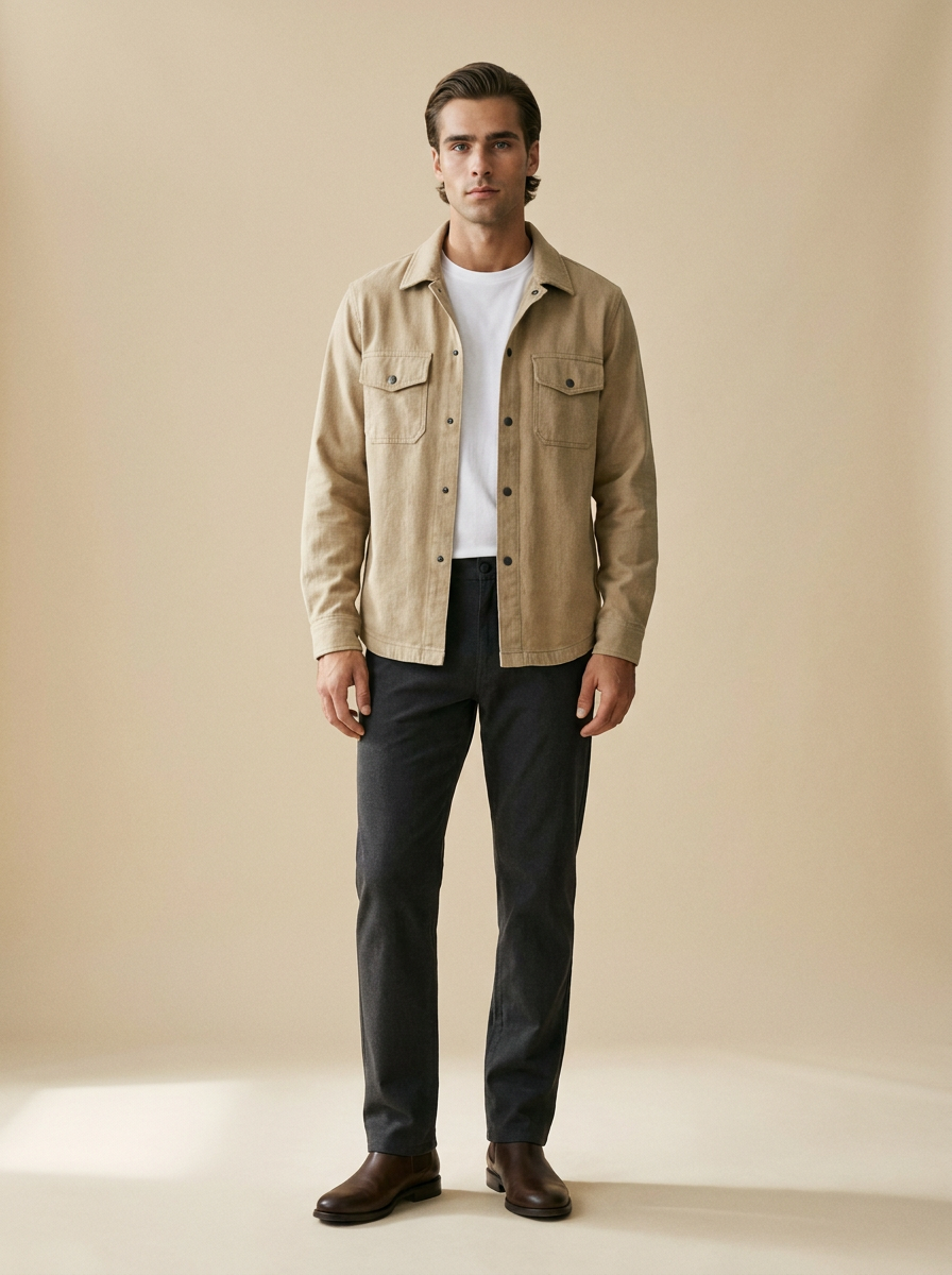 Model wearing The Cotton Shacket. Generated image; the manufacturer's own photograph of this garment appears below.