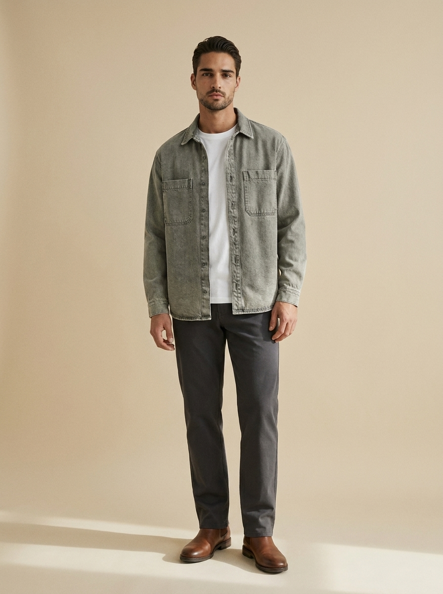 Model wearing The Washed Overshirt. Generated image; the manufacturer's own photograph of this garment appears below.