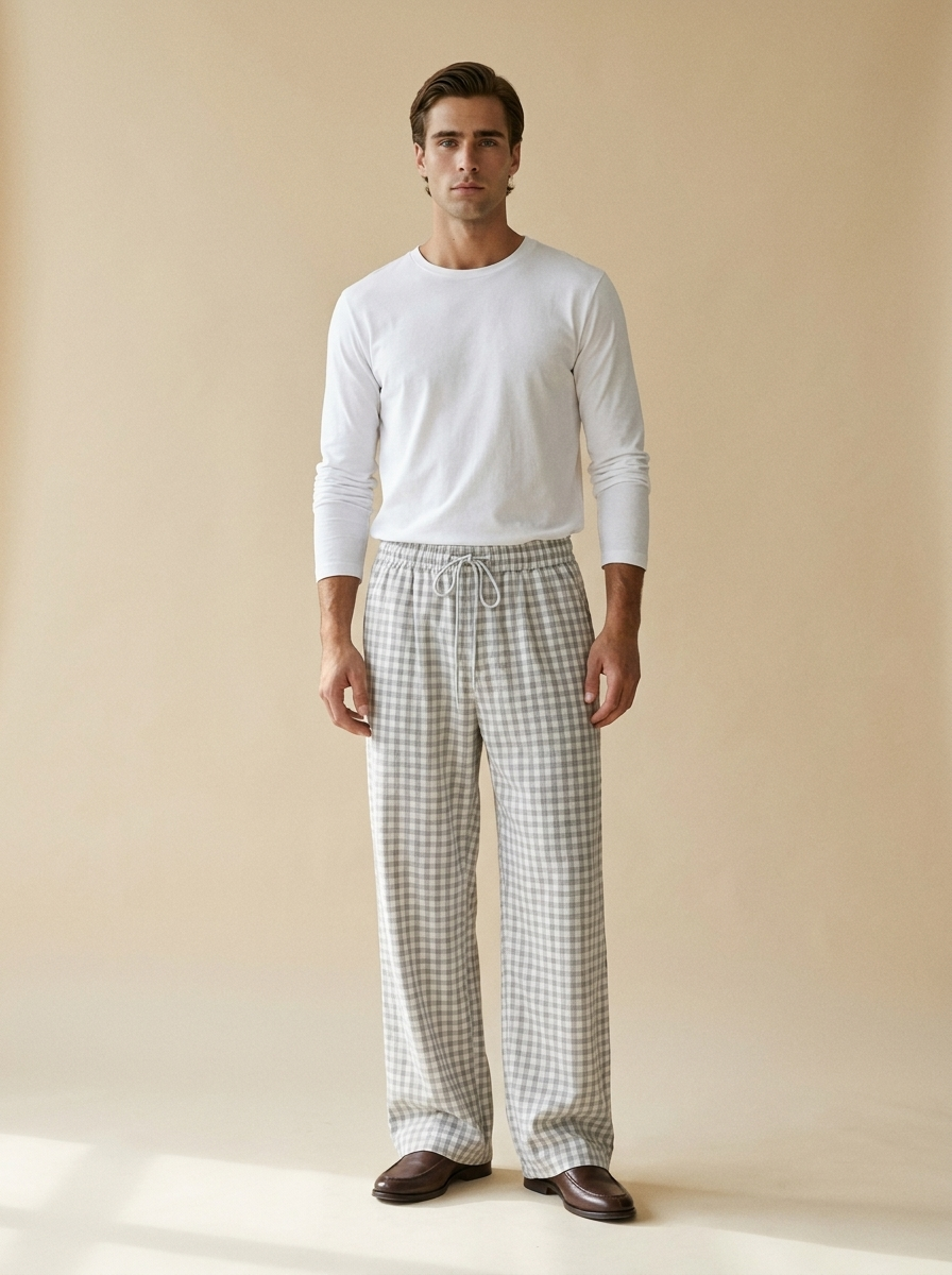 Model wearing The Check Wide-Leg Trouser. Generated image; the manufacturer's own photograph of this garment appears below.