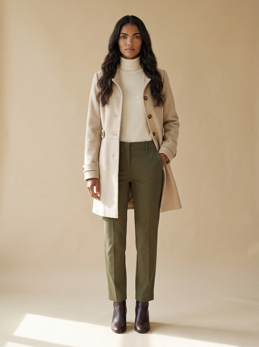 Model wearing The Button-Front Coat. Generated image; the manufacturer's own photograph of this garment appears below.