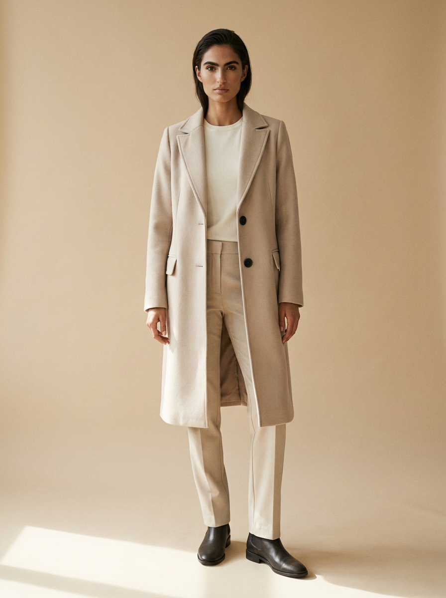 Model wearing The Lapel Collar Coat. Generated image; the manufacturer's own photograph of this garment appears below.