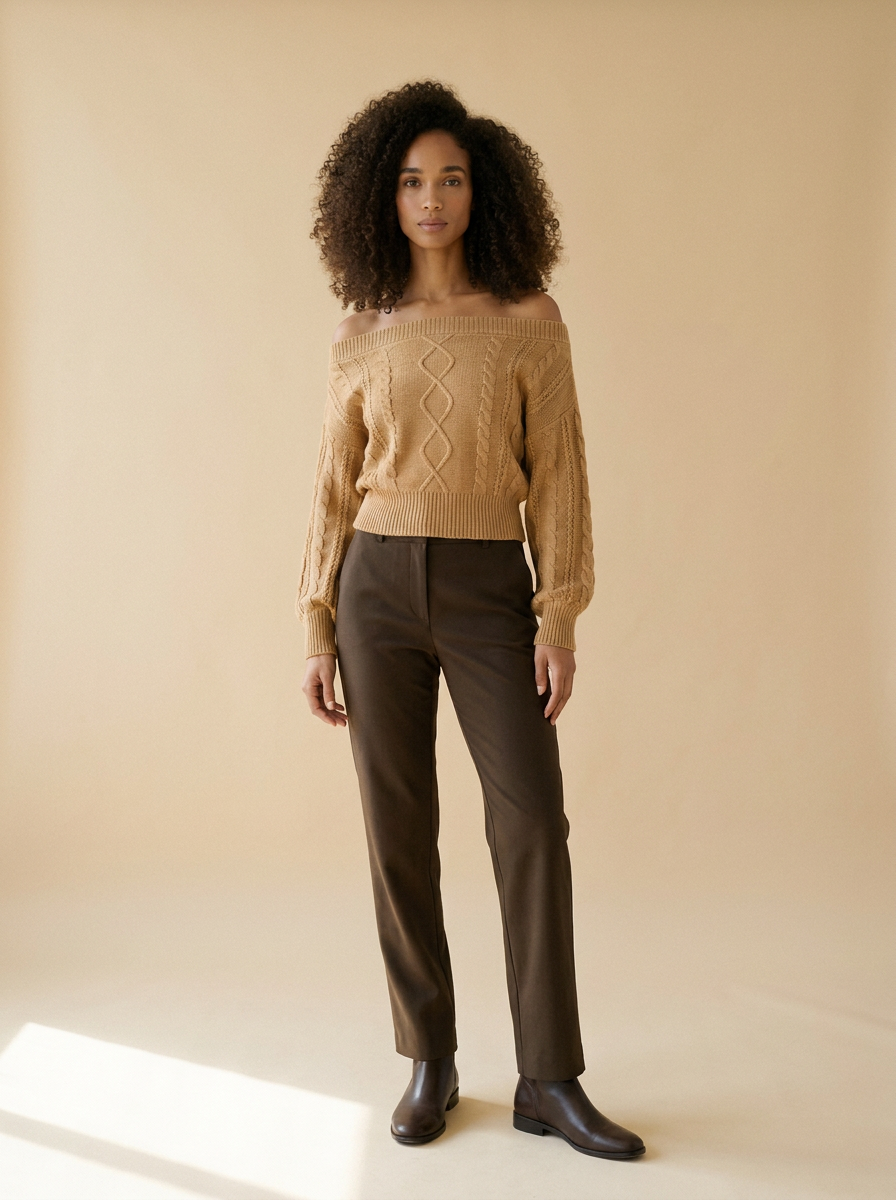 Model wearing The Off-Shoulder Cable Knit. Generated image; the manufacturer's own photograph of this garment appears below.