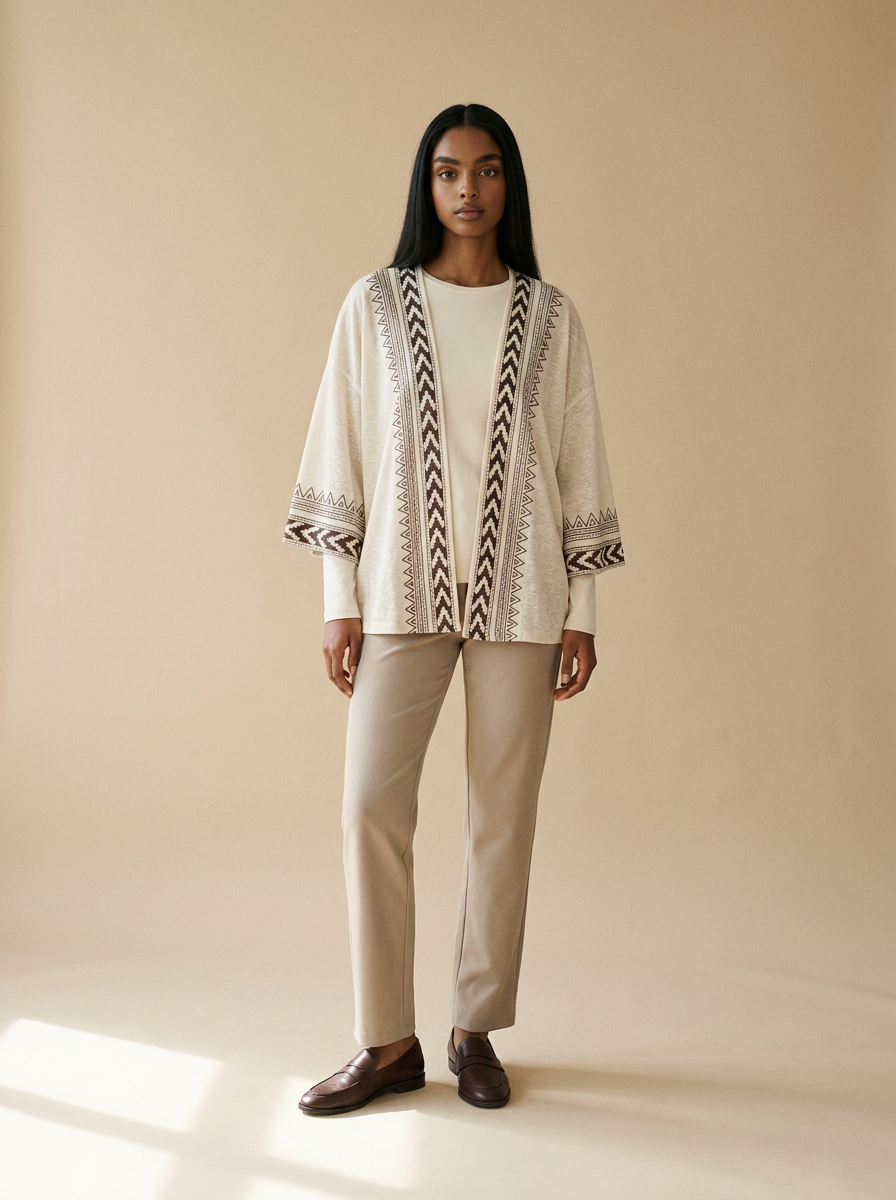 Model wearing The Kimono Cardigan. Generated image; the manufacturer's own photograph of this garment appears below.