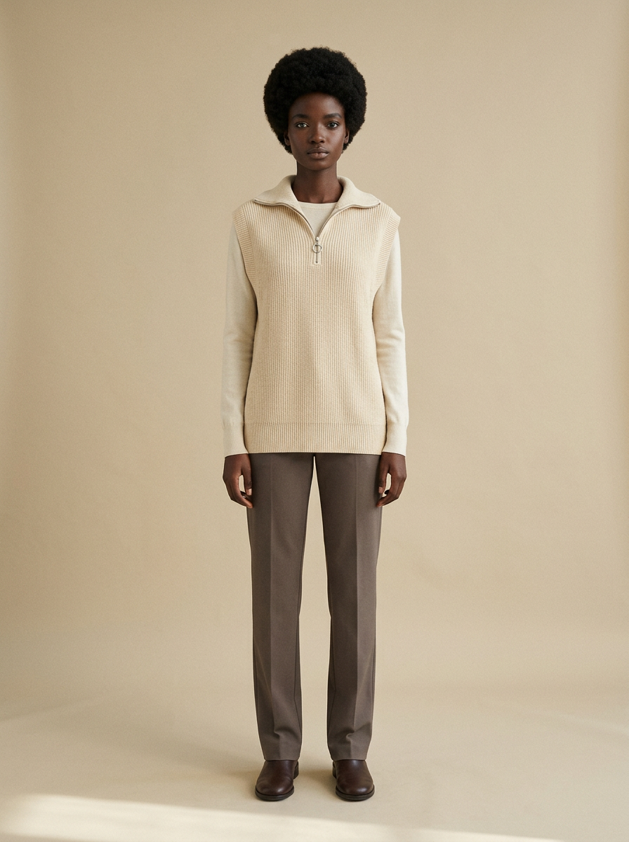 Model wearing The Quarter-Zip Vest. Generated image; the manufacturer's own photograph of this garment appears below.