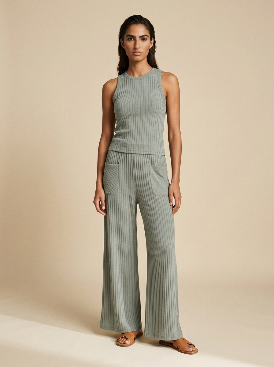 Model wearing The Ribbed Tank + Trouser Set. Generated image; the manufacturer's own photograph of this garment appears below.