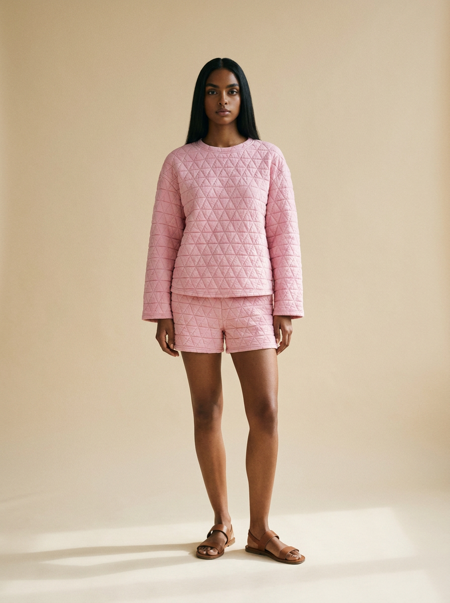 Model wearing The Textured Short Set. Generated image; the manufacturer's own photograph of this garment appears below.