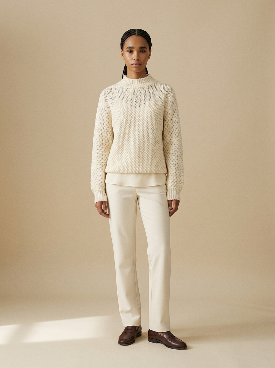 Model wearing The Openwork Mock Neck. Generated image; the manufacturer's own photograph of this garment appears below.