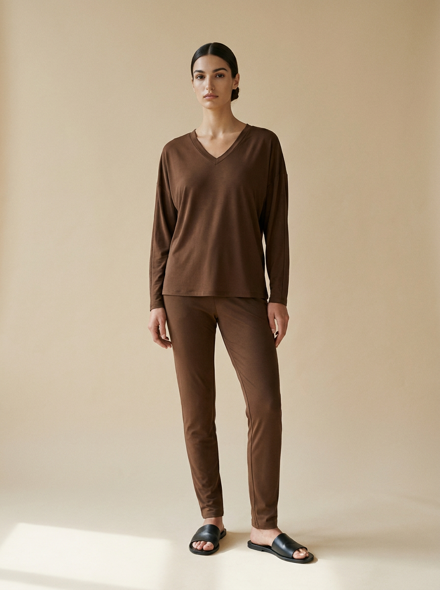 Model wearing The Rayon Lounge Set. Generated image; the manufacturer's own photograph of this garment appears below.