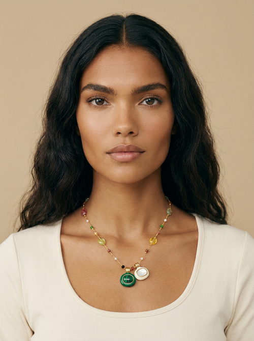 Model wearing The Beaded Necklace. Generated image; the manufacturer's own photograph of this item appears below.