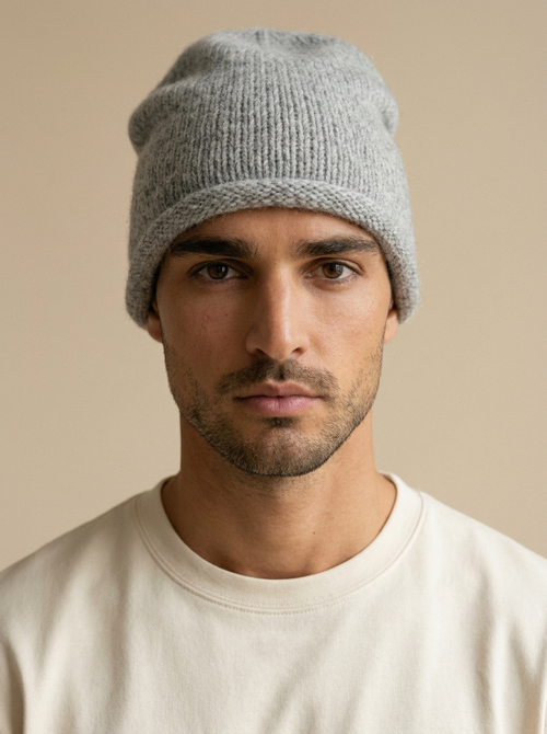 Model wearing The Alpaca Beanie. Generated image; the manufacturer's own photograph of this item appears below.