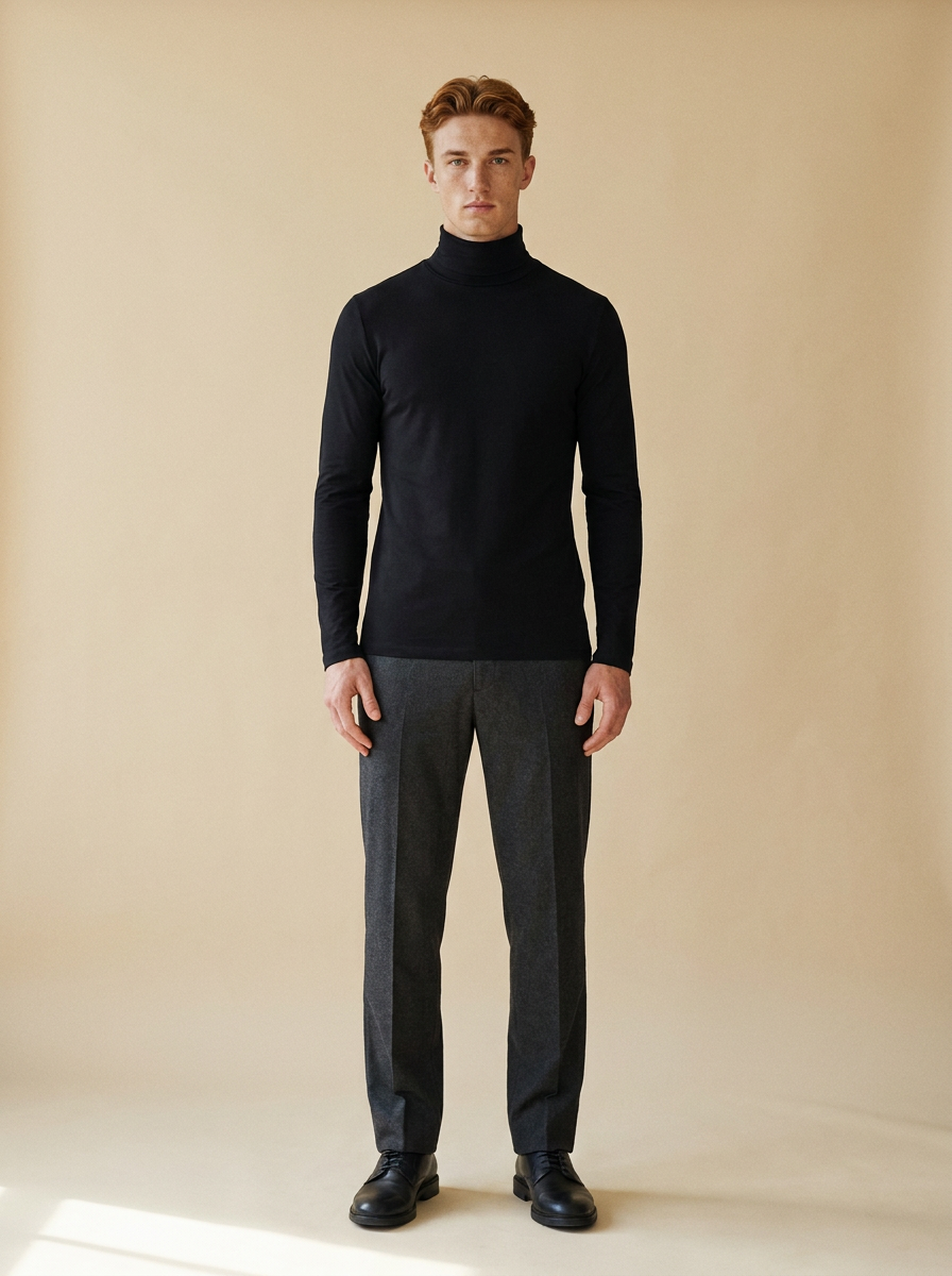 Model wearing The Jersey Turtleneck in Black. Generated image; the manufacturer's own photograph of this garment appears below.