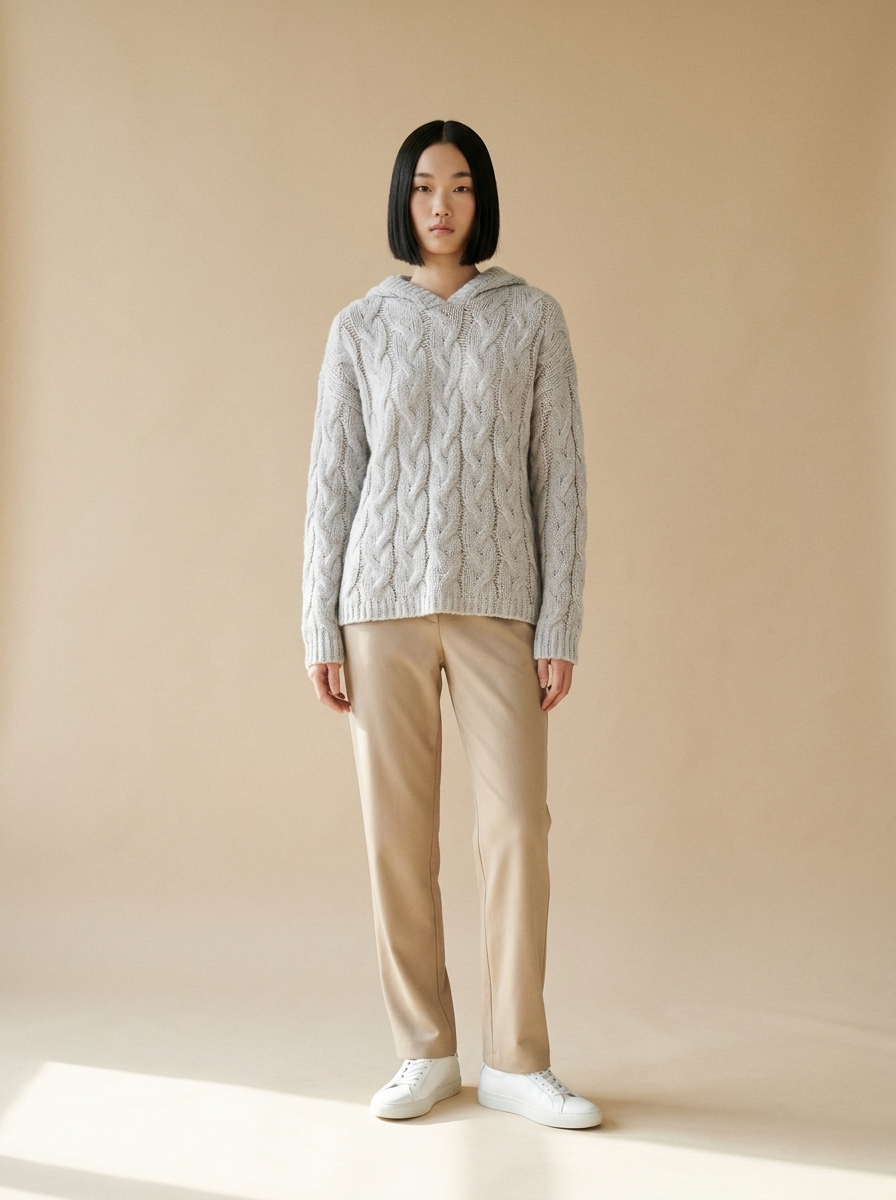 Model wearing The Cable-Knit Hoodie. Generated image; the manufacturer's own photograph of this garment appears below.