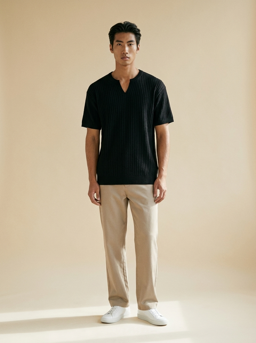 Model wearing The Ribbed Notch Tee. Generated image; the manufacturer's own photograph of this garment appears below.