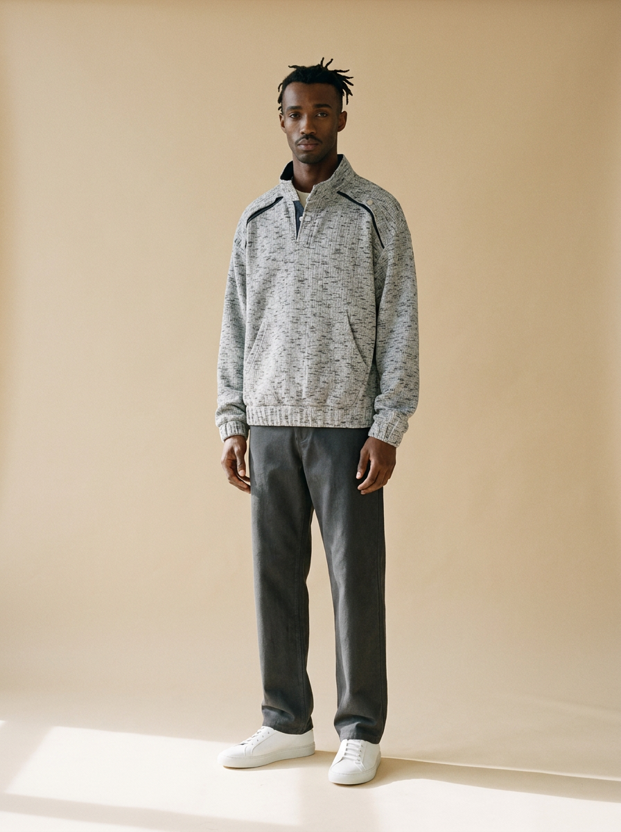 Model wearing The Stand Collar Sweatshirt. Generated image; the manufacturer's own photograph of this garment appears below.