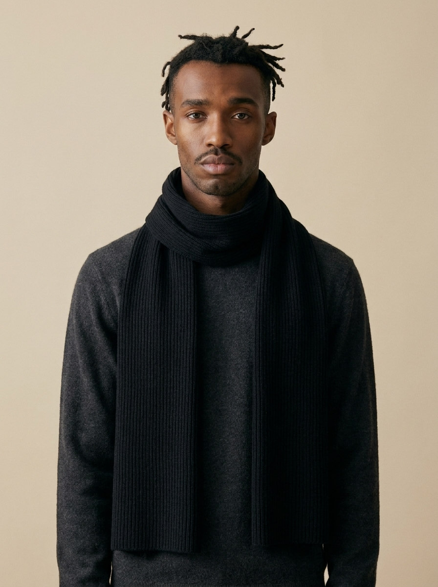 Model wearing The Ribbed Wool Scarf in black. Generated image; the manufacturer's own photograph of this scarf appears below.