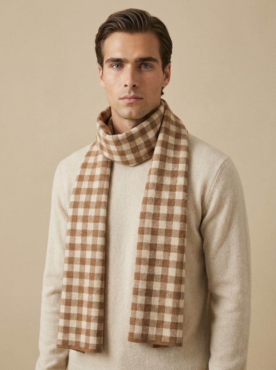 Model wearing The Check Wool Scarf in camel. Generated image; the manufacturer's own photograph of this scarf appears below.