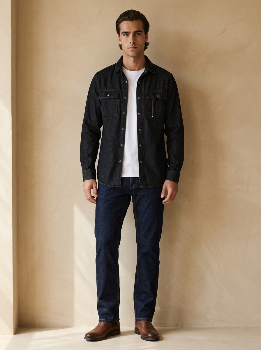 Model wearing The Snap Denim Shirt. Generated image; the manufacturer's own photograph of this garment appears below.