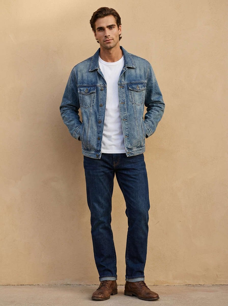Model wearing The Denim Jacket. Generated image; the manufacturer's own photograph of this garment appears below.