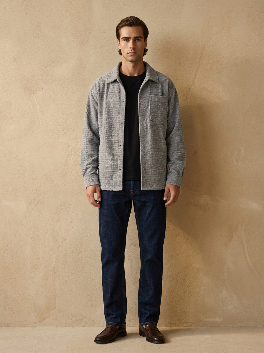 Model wearing The Snap Shacket. Generated image; the manufacturer's own photograph of this garment appears below.