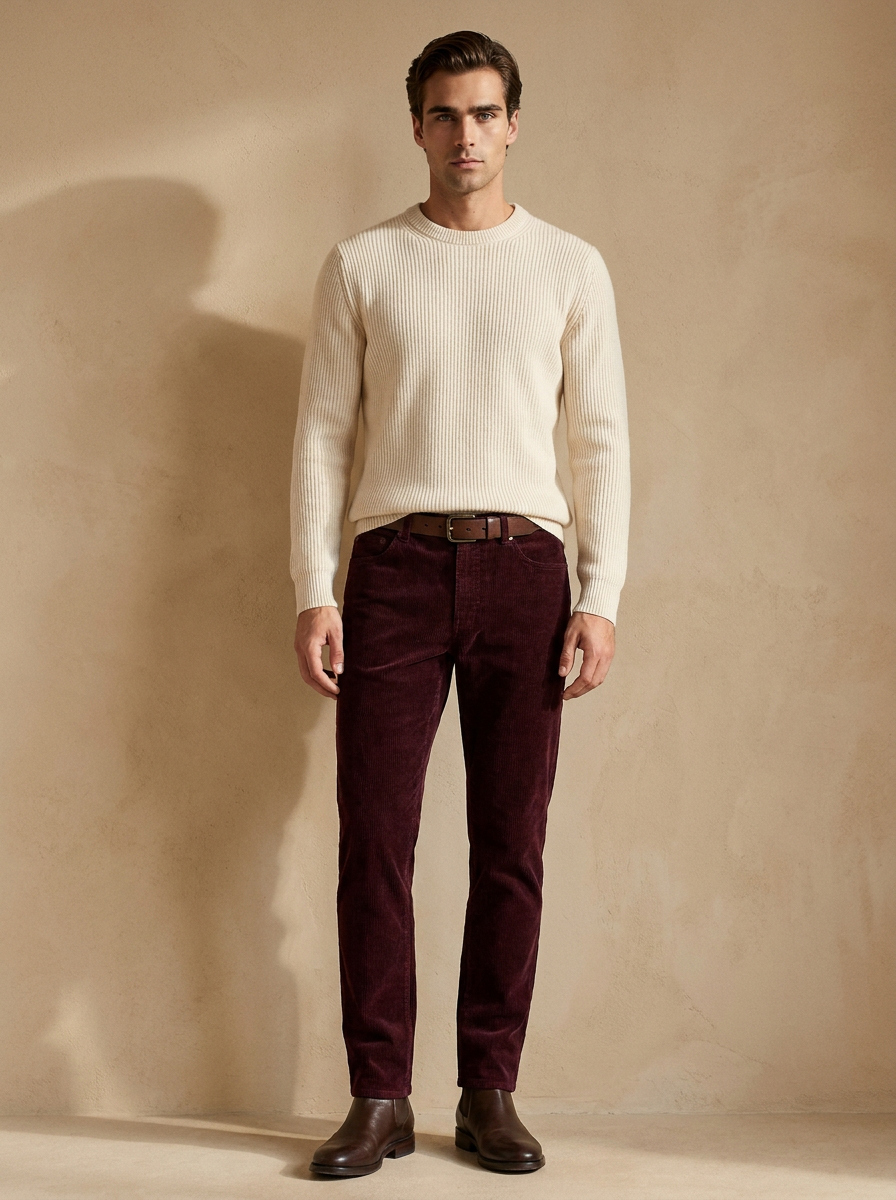 Model wearing The Slim Corduroy Trouser. Generated image; the manufacturer's own photograph of this garment appears below.