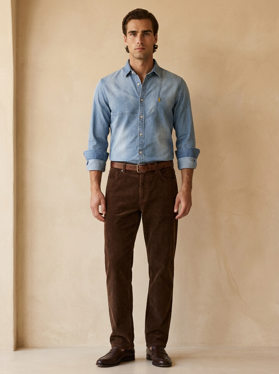 Model wearing The Collared Denim Shirt. Generated image; the manufacturer's own photograph of this garment appears below.