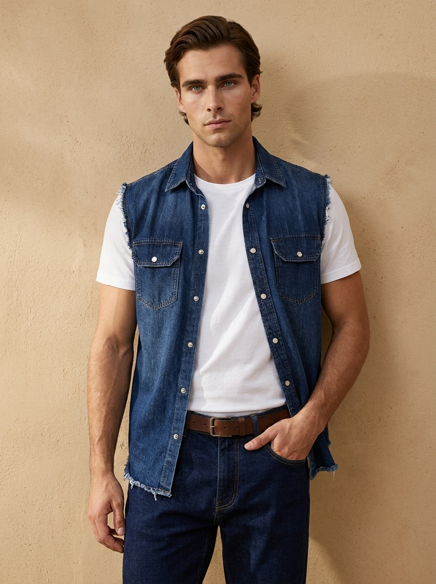 Model wearing The Snap Denim Vest. Generated image; the manufacturer's own photograph of this garment appears below.