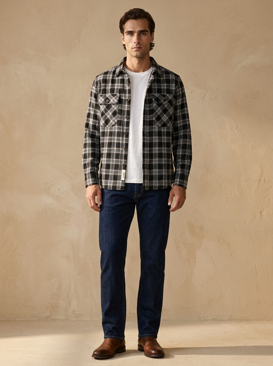 Model wearing The Plaid Shirt. Generated image; the manufacturer's own photograph of this garment appears below.