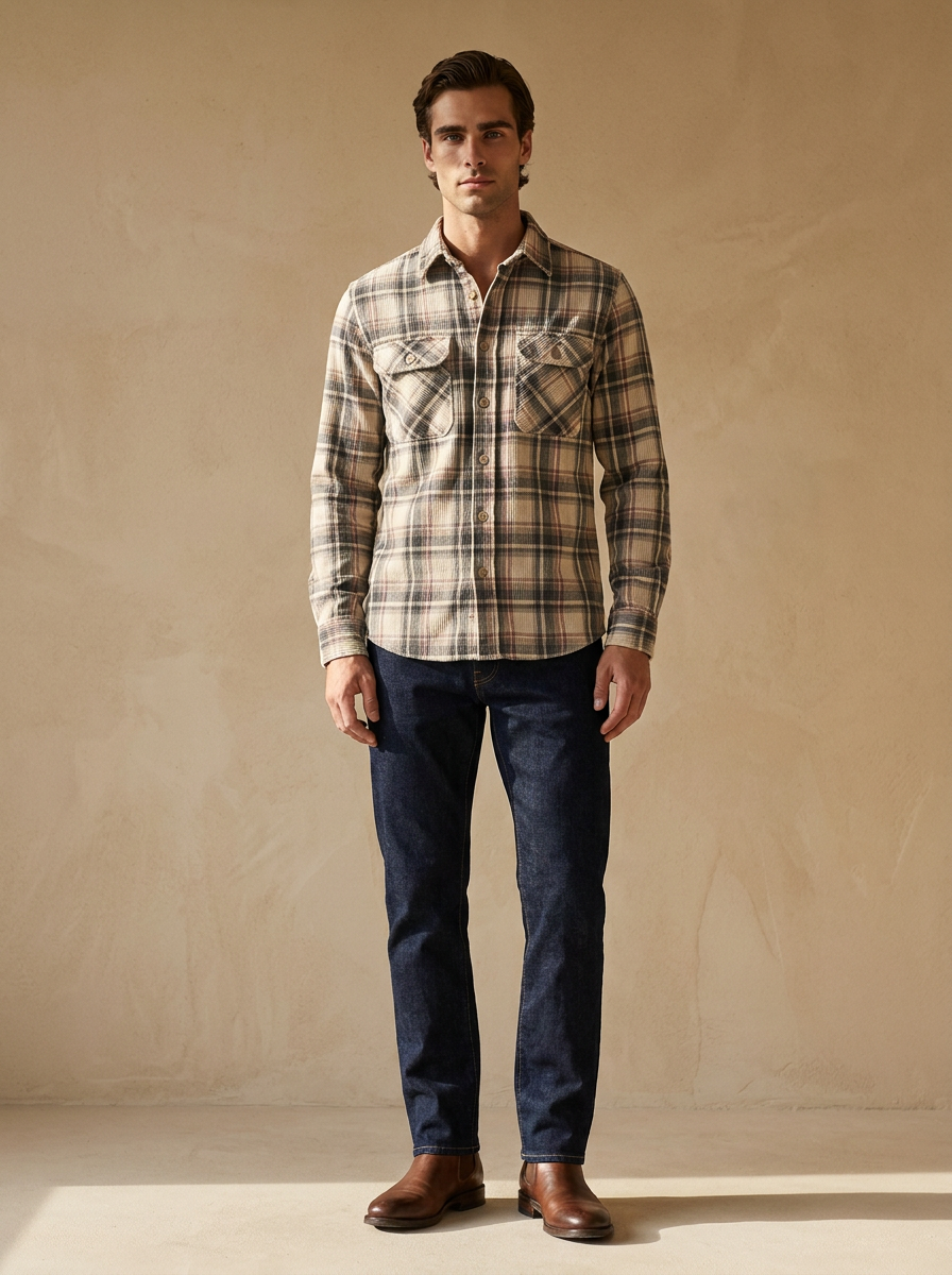 Model wearing The Plaid Corduroy Shirt. Generated image; the manufacturer's own photograph of this garment appears below.