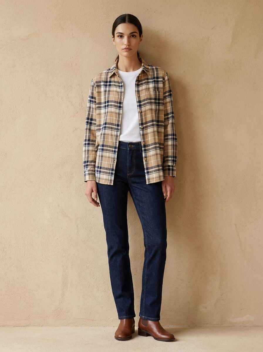 Model wearing The Plaid Blouse. Generated image; the manufacturer's own photograph of this garment appears below.