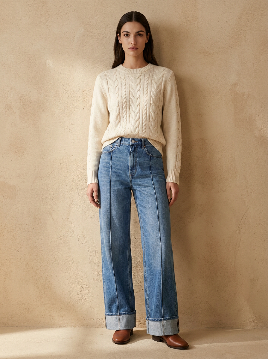 Model wearing The Wide Leg Jean. Generated image; the manufacturer's own photograph of this garment appears below.