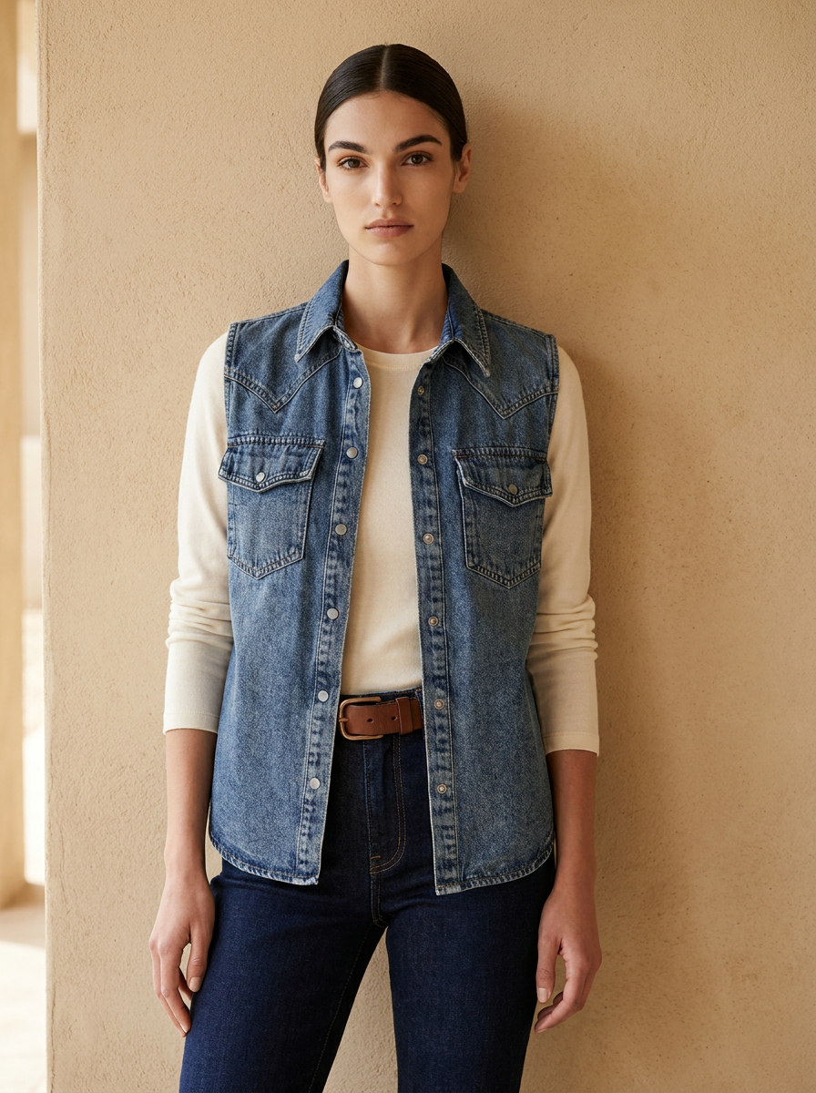 Model wearing The Cowboy Vest. Generated image; the manufacturer's own photograph of this garment appears below.