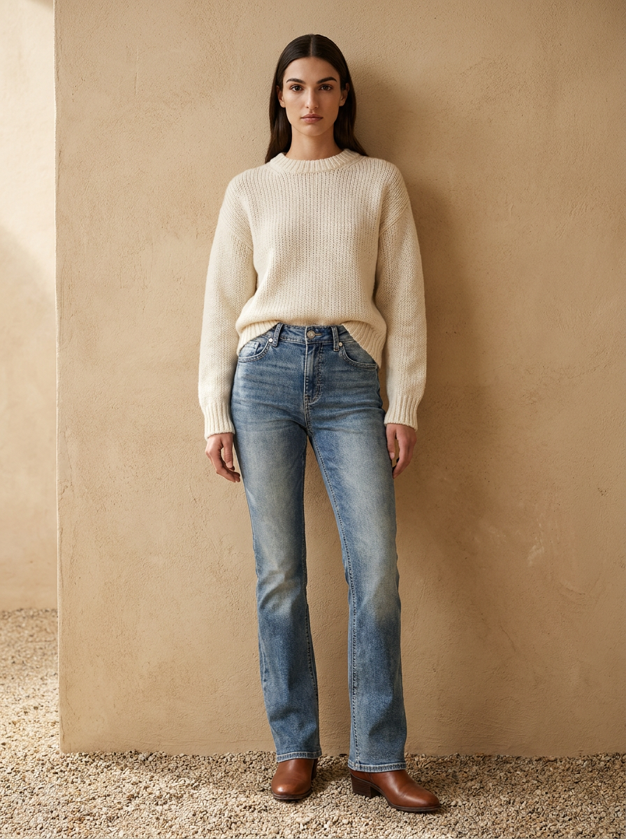 Model wearing The High Waist Bootcut Jean. Generated image; the manufacturer's own photograph of this garment appears below.