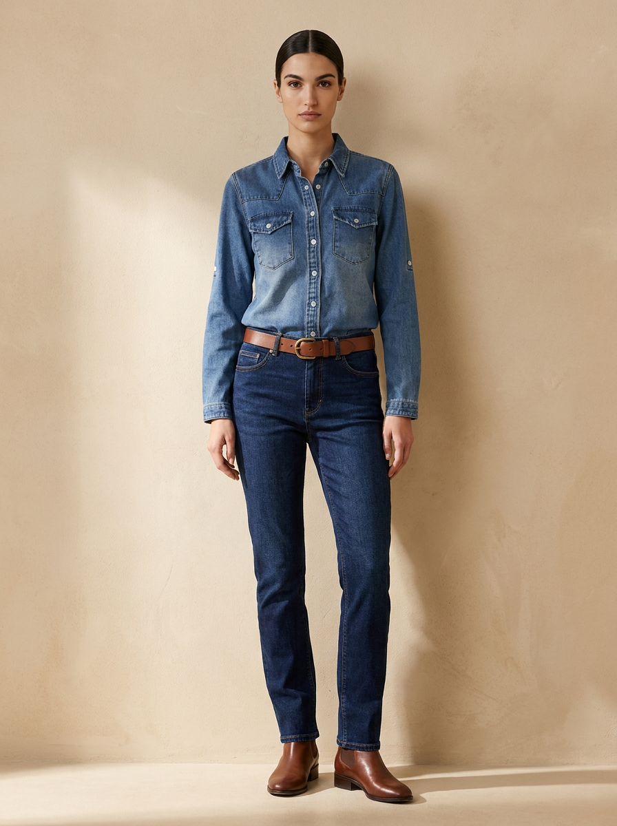 Model wearing The Western Denim Shirt. Generated image; the manufacturer's own photograph of this garment appears below.