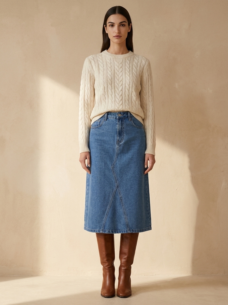 Model wearing The Denim Midi Skirt. Generated image; the manufacturer's own photograph of this garment appears below.