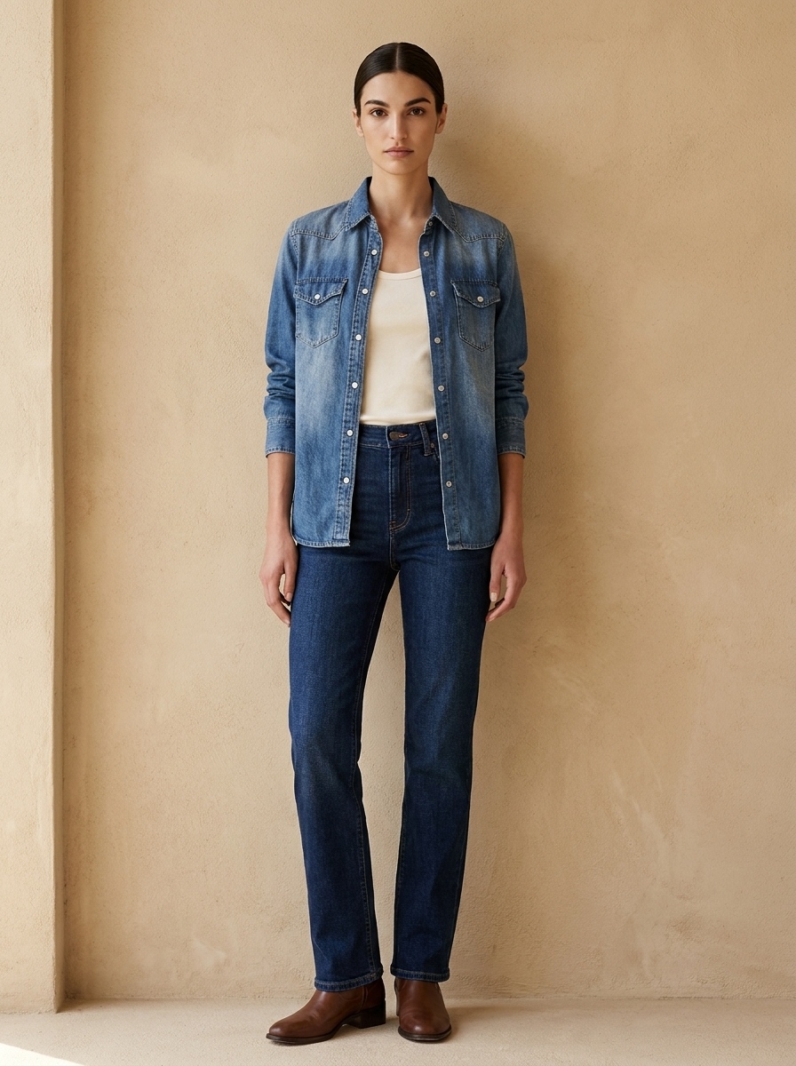 Model wearing The Washed Denim Shirt. Generated image; the manufacturer's own photograph of this garment appears below.