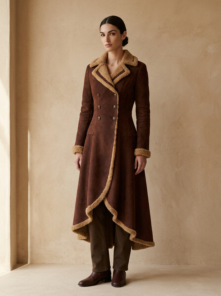 Model wearing The Sherpa Trimmed Coat. Generated image; the manufacturer's own photograph of this garment appears below.