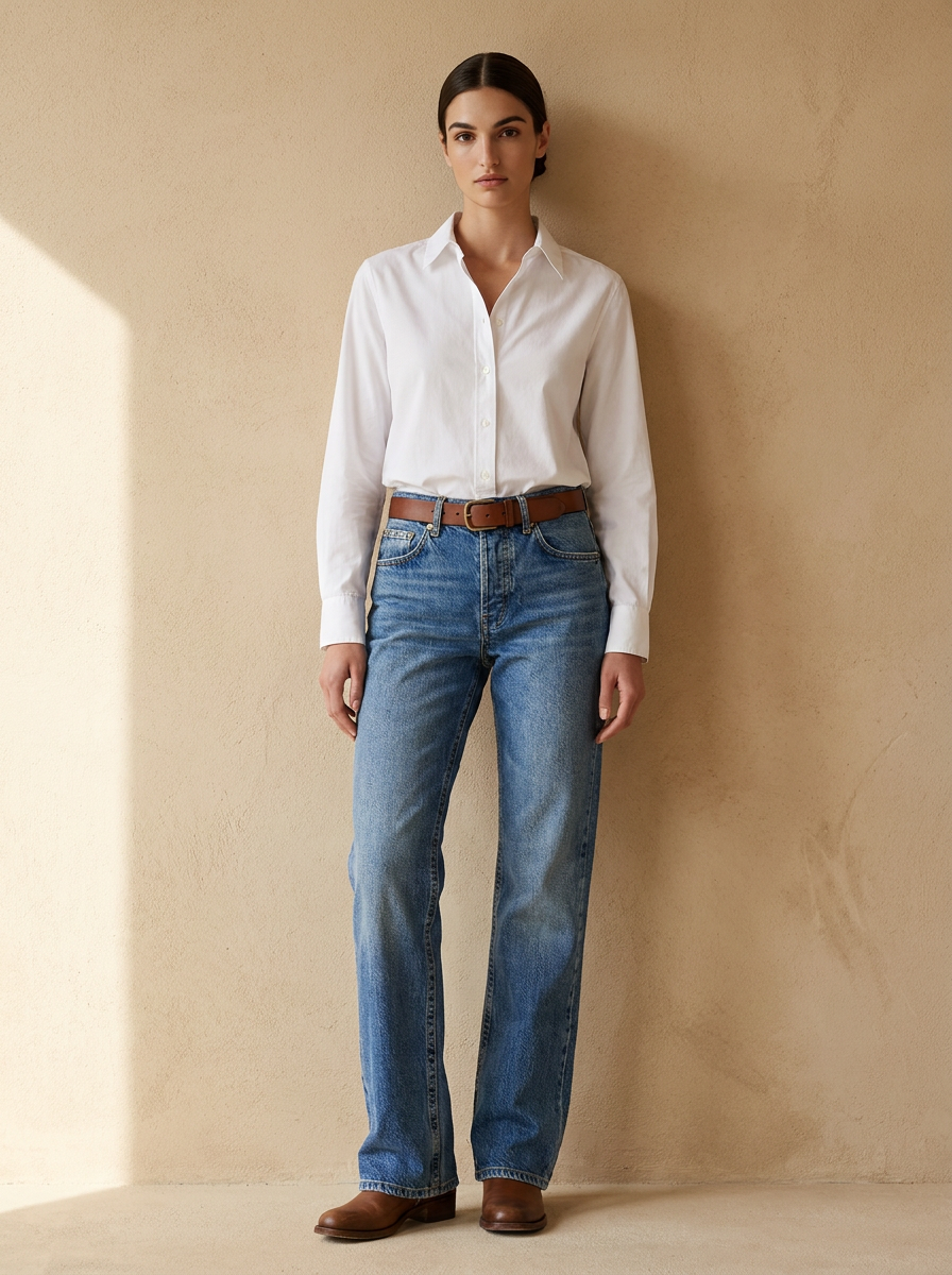 Model wearing The Straight Leg Jean. Generated image; the manufacturer's own photograph of this garment appears below.