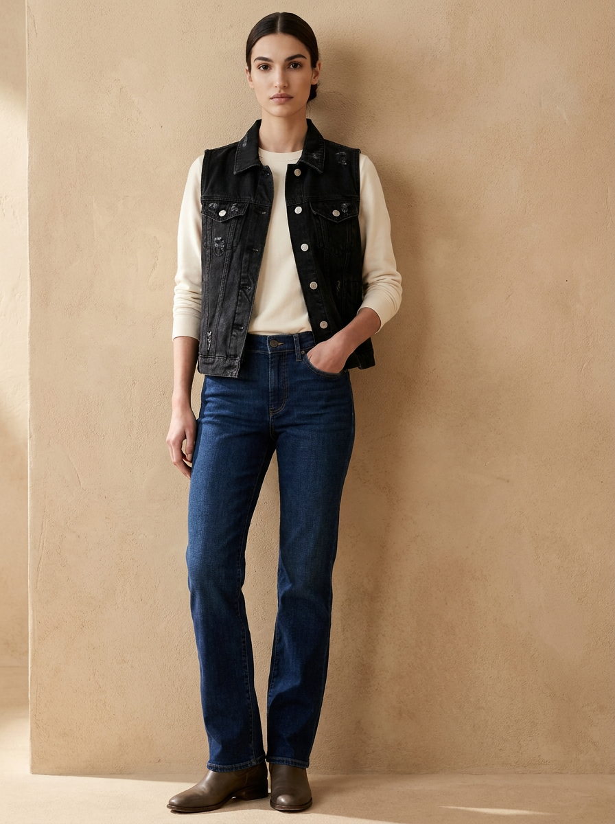 Model wearing The Washed Denim Vest. Generated image; the manufacturer's own photograph of this garment appears below.