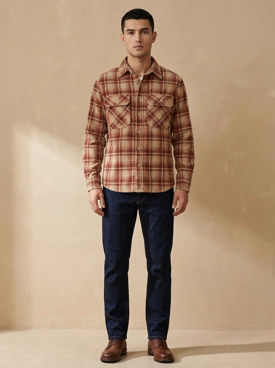 Model wearing The Plaid Corduroy Shirt in Red Plaid. Generated image; the manufacturer's own photograph of this garment appears below.