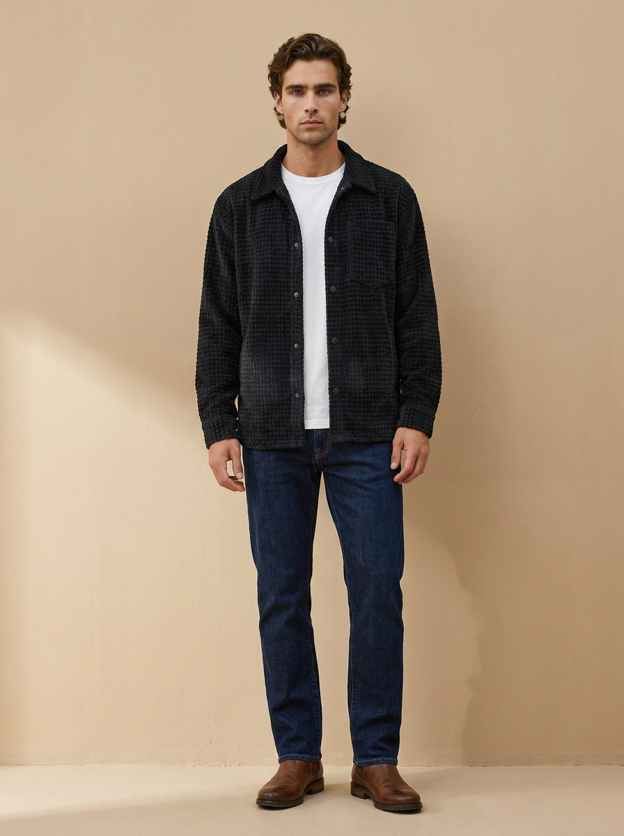 Model wearing The Snap Shacket in Black. Generated image; the manufacturer's own photograph of this garment appears below.